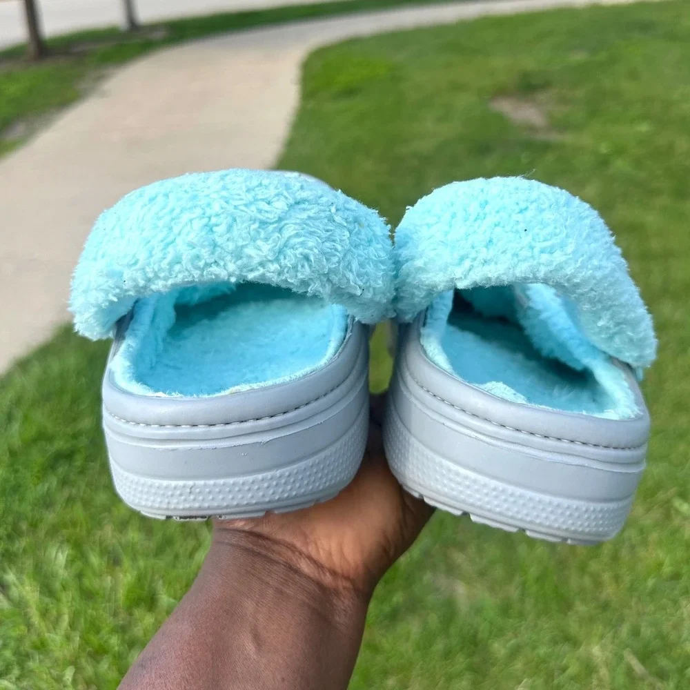Crocs Adult Baya Lined Fuzzy Strap Clogs Size M11 Gray Aqua Blue Sandals